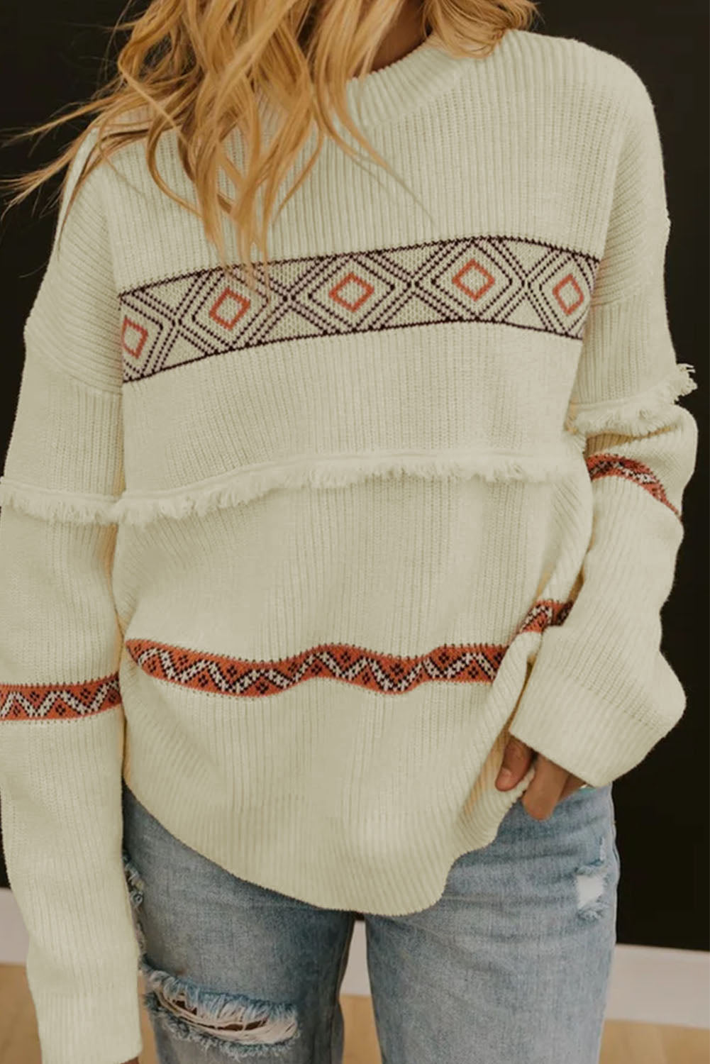 Snow White Western Geometric Print Tasseled Textured Sweater