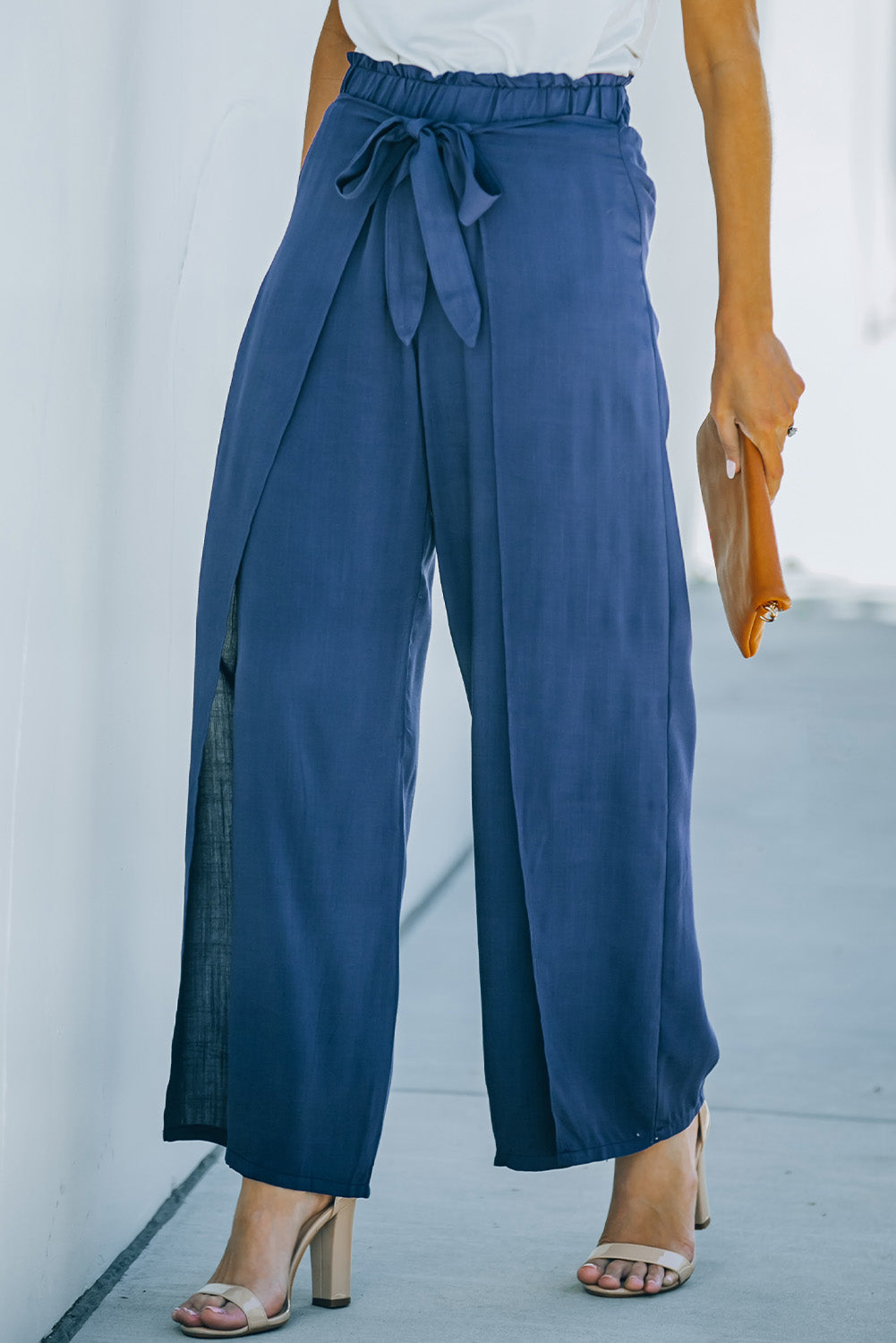 Blue Wrap Wide Leg Pants with Tie