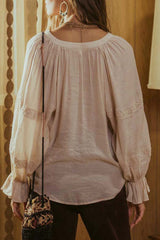 Beige Lace Patchwork Ruffled Drawstring V Neck Blouse