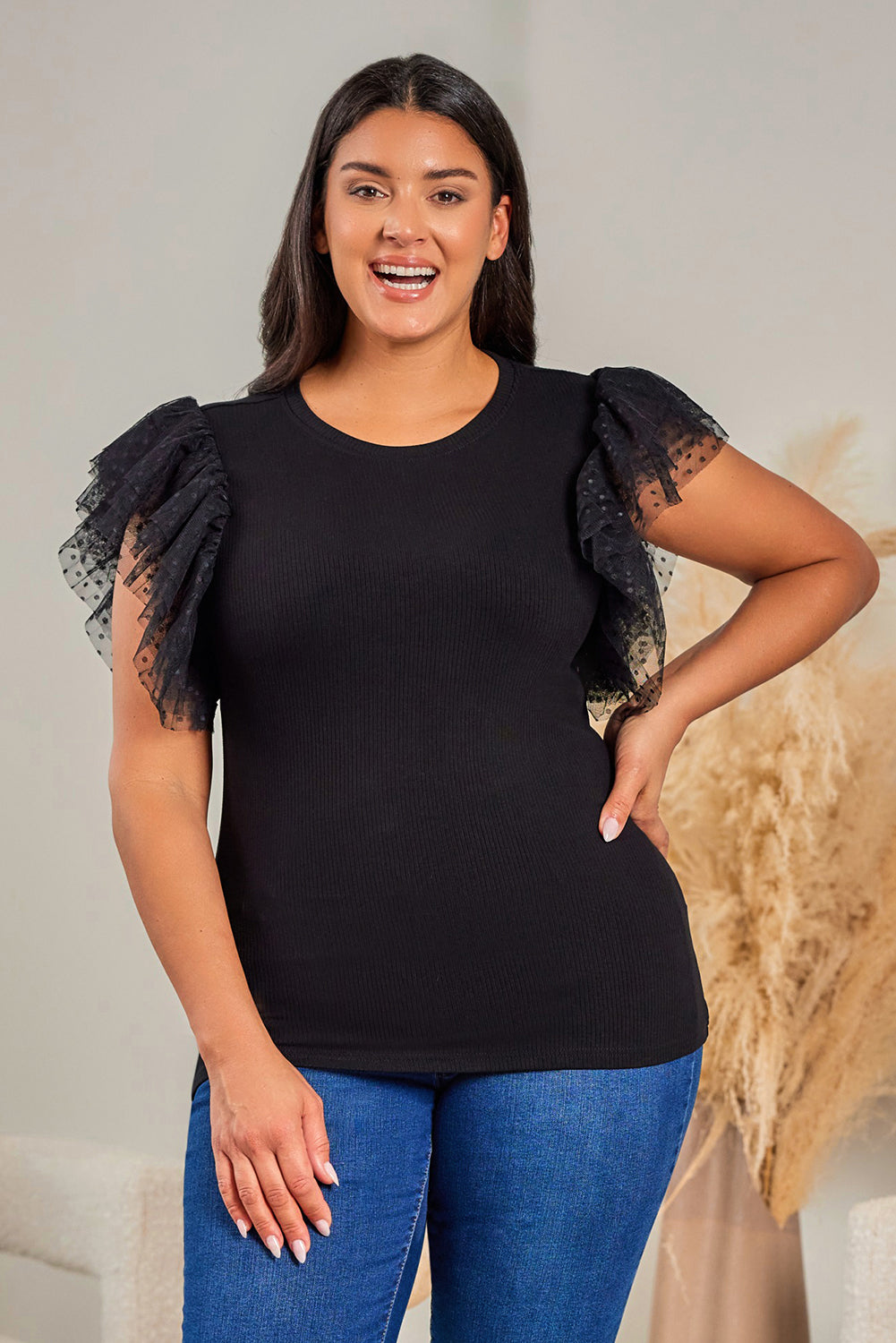 Black Dotty Mesh Ruffle Sleeve Ribbed Knit Babydoll Mini Dress