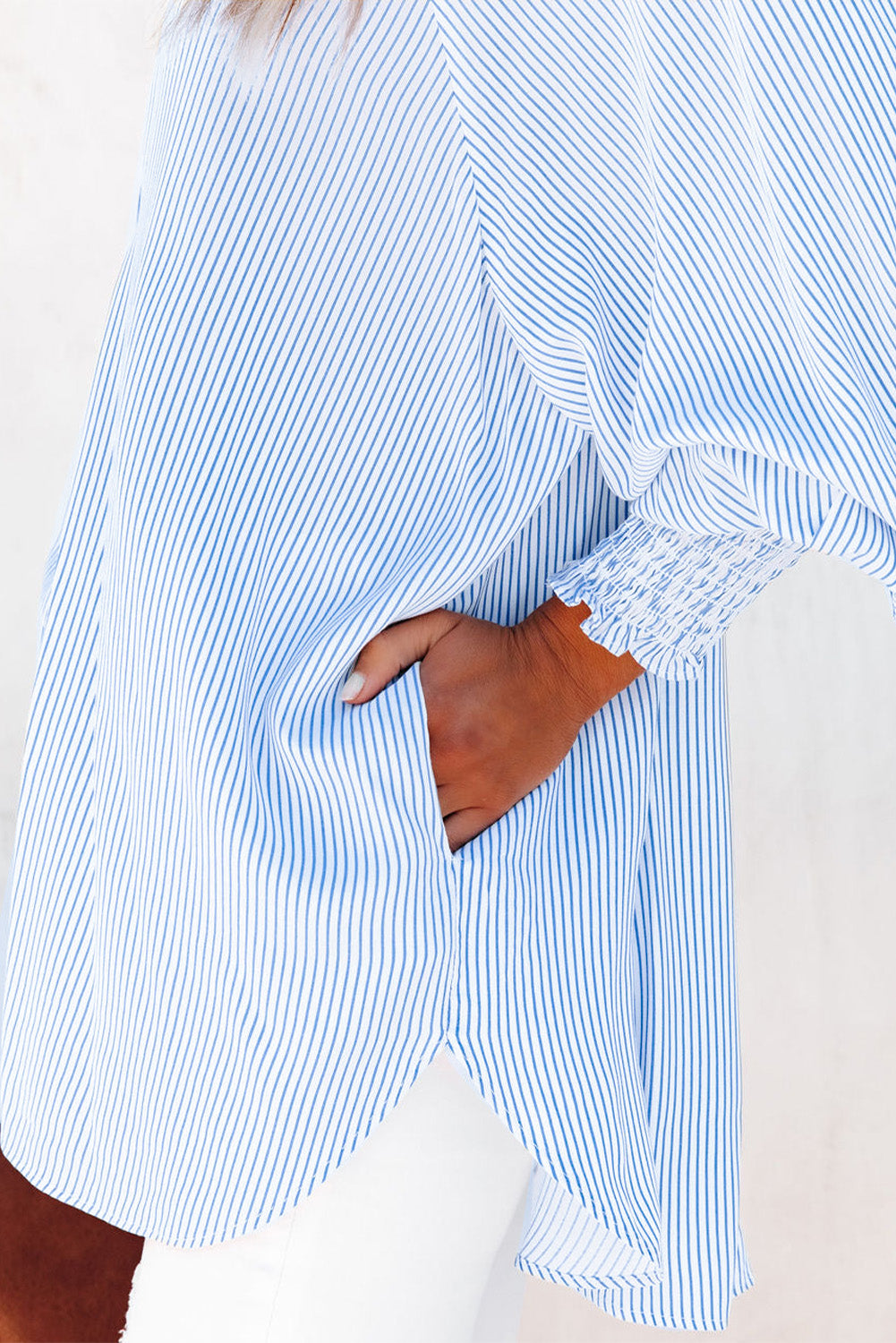 Smocked Cuffed Striped Boyfriend Shirt with Pocket