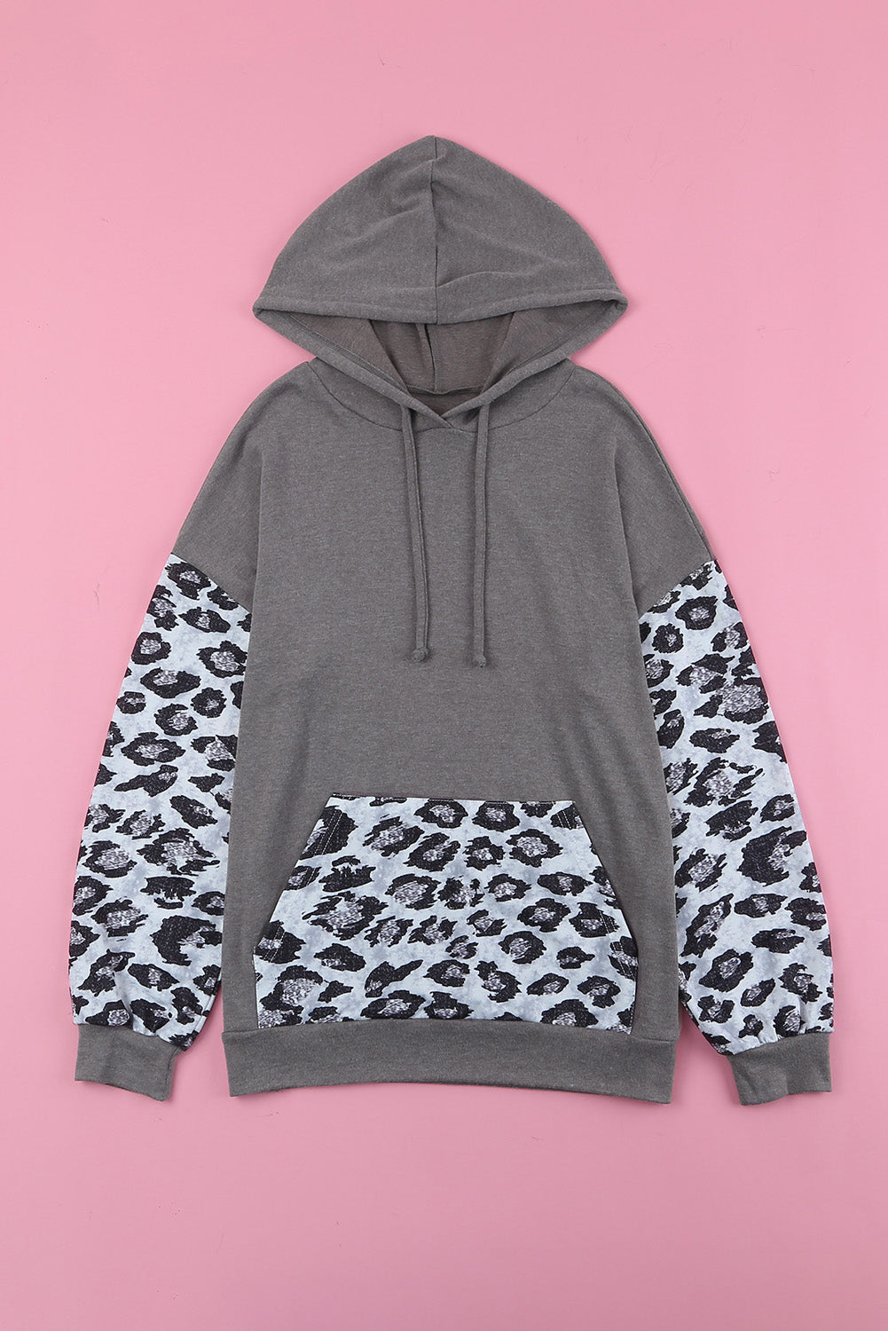 Leopard Patchwork Hooded Sweatshirt with Kangaroo Pocket