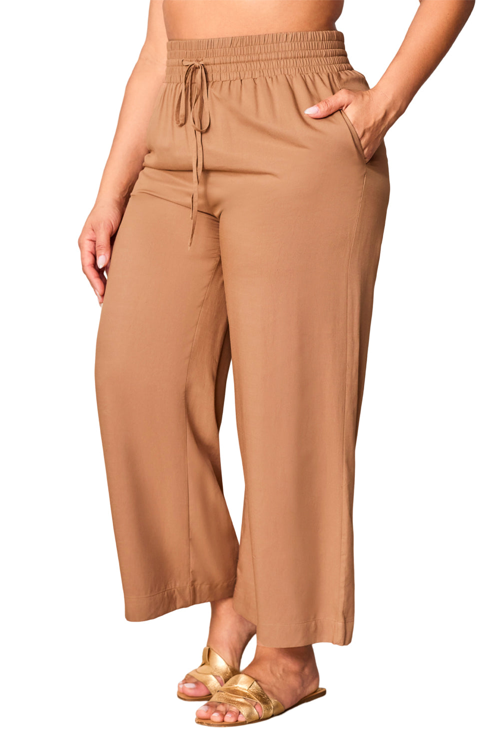 Brown Drawstring Elastic Waist Casual Wide Leg Pants