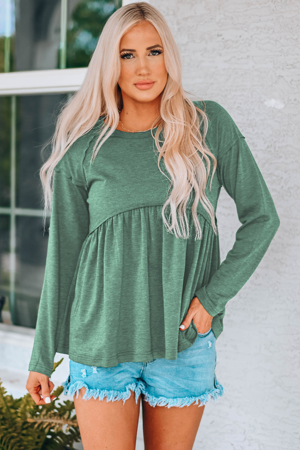 Green Long Sleeve Babydoll Top