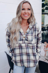 White Plaid Button Neck Pocketed Pullover Hoodie