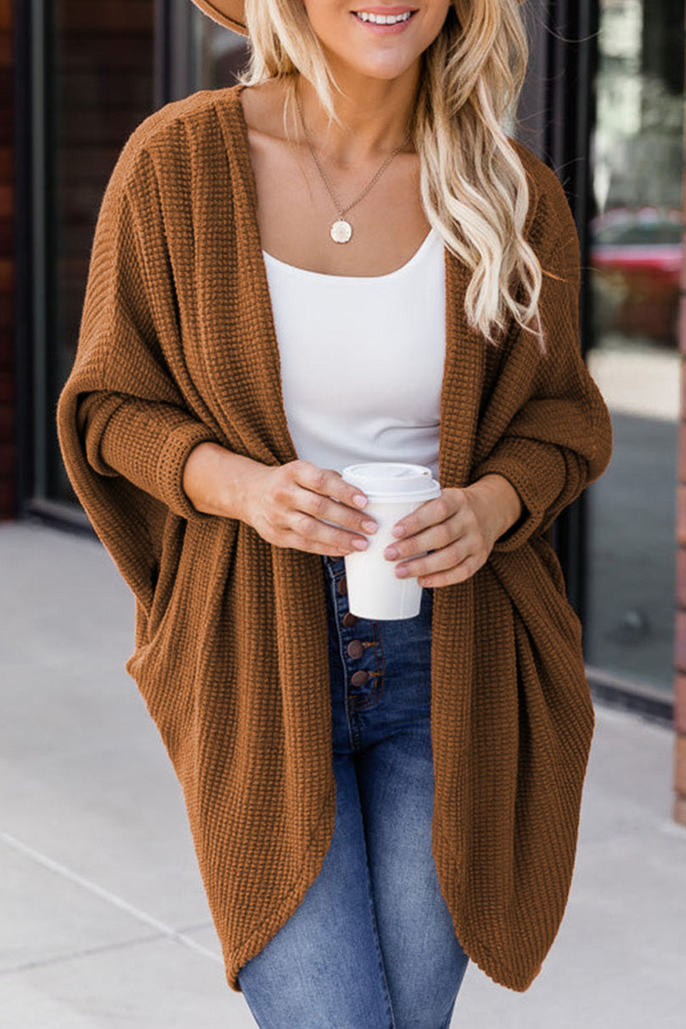 Brown Waffle Knit Open Front Rounded Hem Cardigan