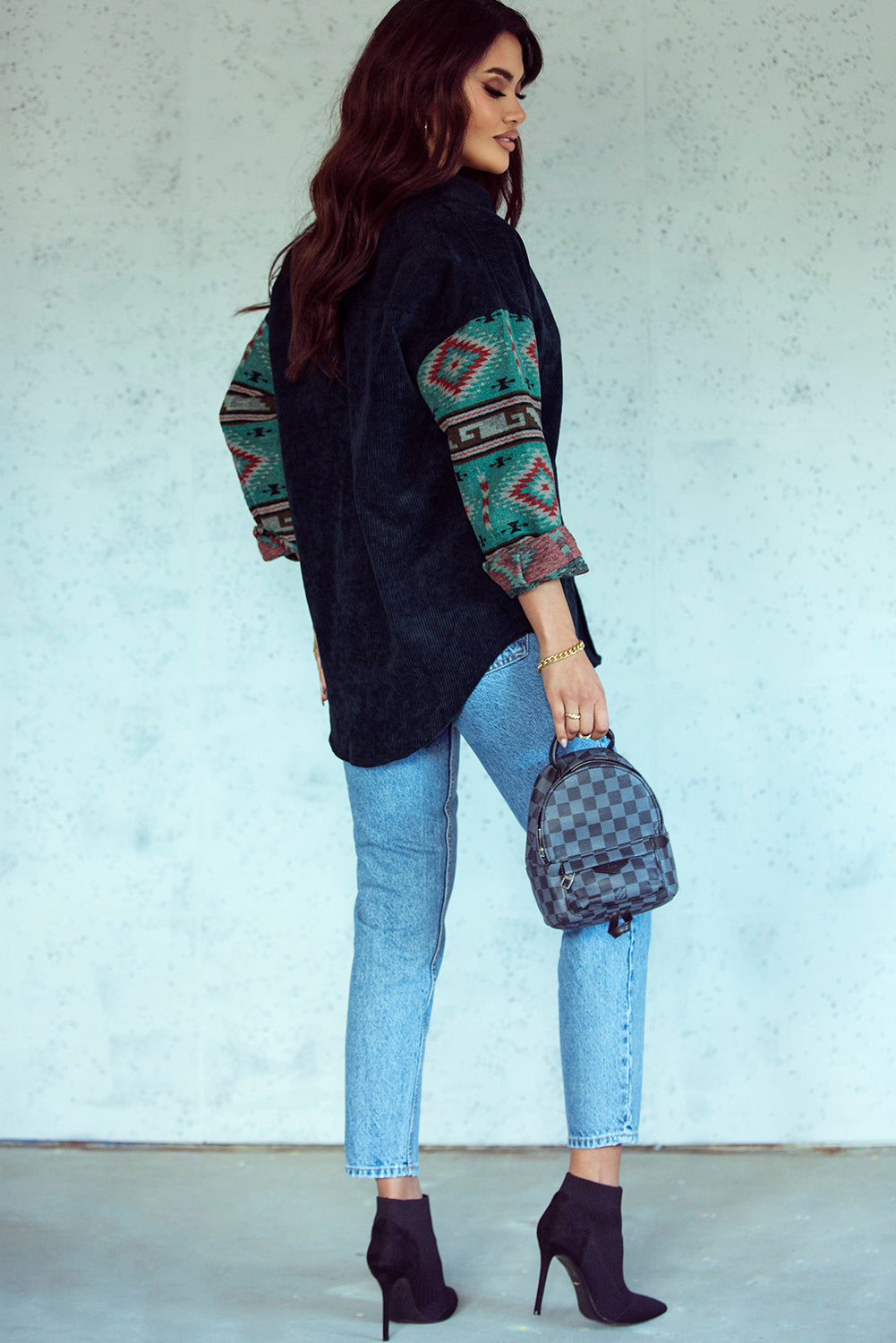 Gray  Aztec Pattern Sleeve Pocketed Corduroy Shacket