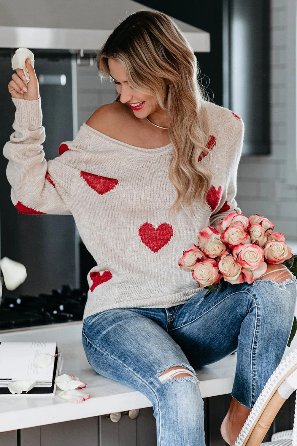 Red Heart Pattern V Neck Knit Sweater