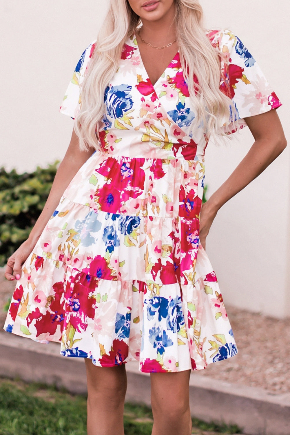 Multicolor Sweet Floral Wrap V Neck Skater Dress