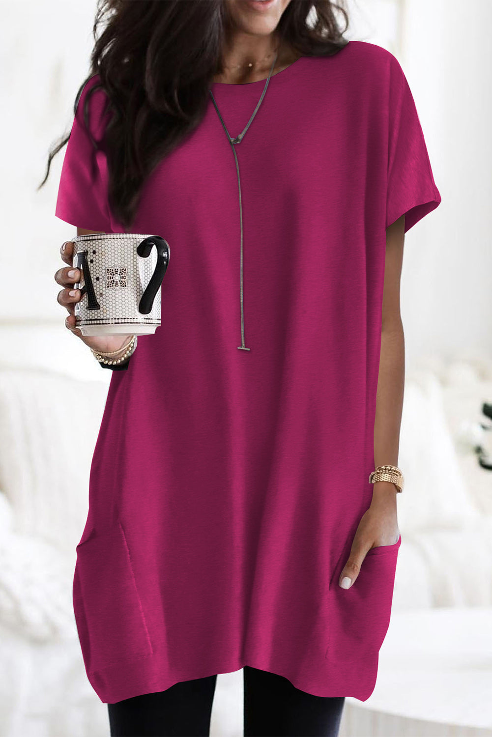 Black Side Pockets Short Sleeve Tunic Top