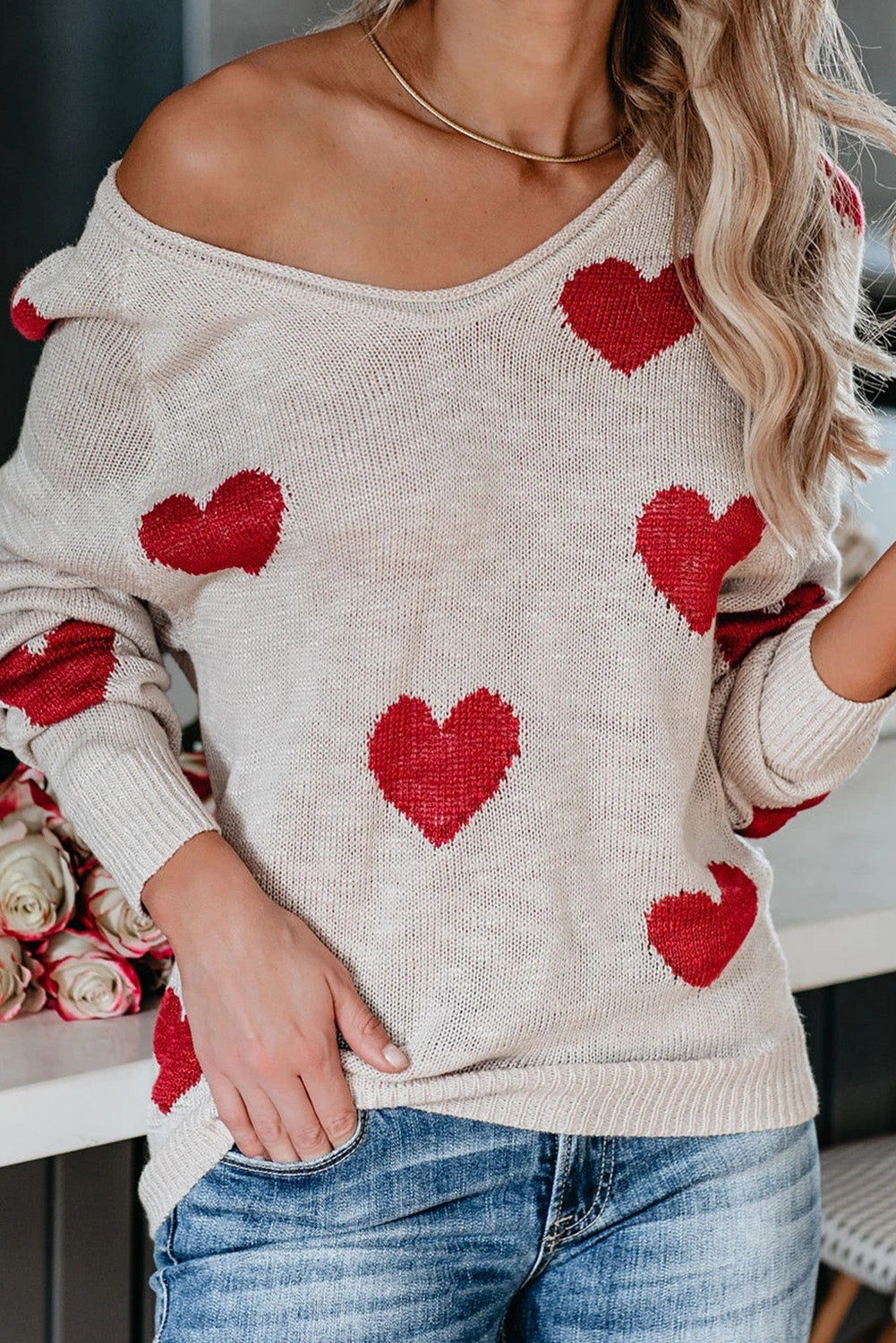 Red Heart Pattern V Neck Knit Sweater