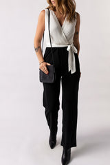 White Pleated V Neck Sleeveless Color Block Jumpsuit