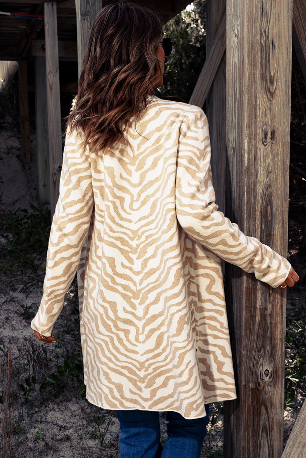 Apricot Zebra Print Open Front Long Cardigan