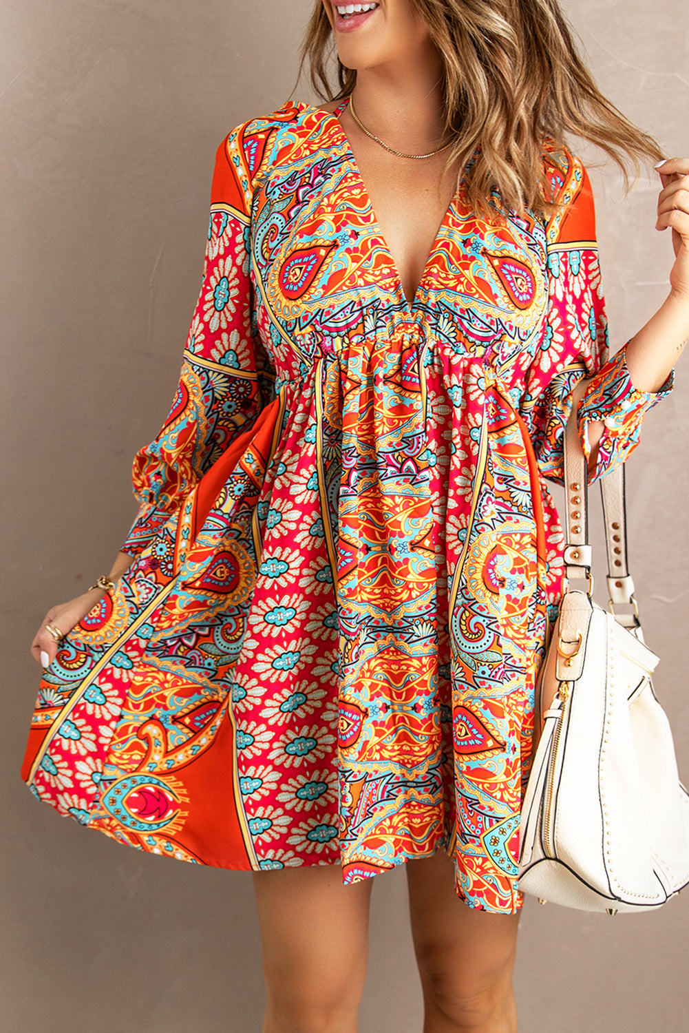 Multicolour V Neck 3/4 Sleeve Bohemian Vintage Print Mini Dress