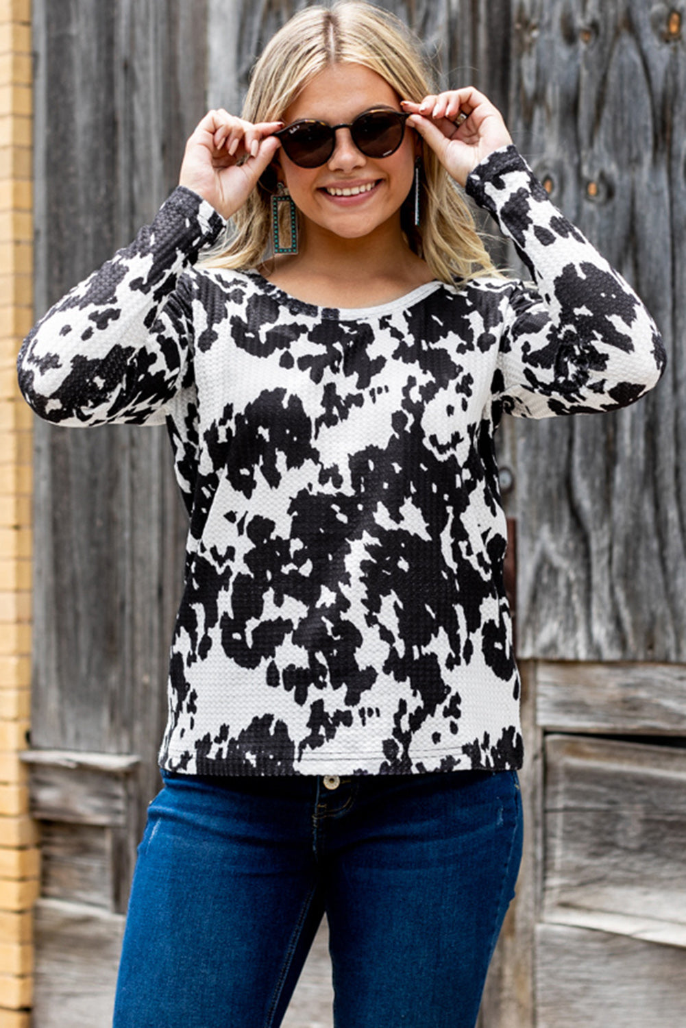 Cow Print U Neck Long Sleeve Top