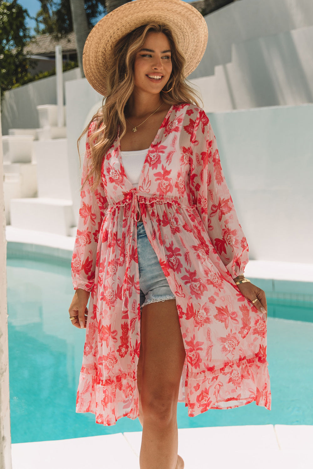 Pink Sweet Floral Print Frill Hem Puff Sleeve Cover Up