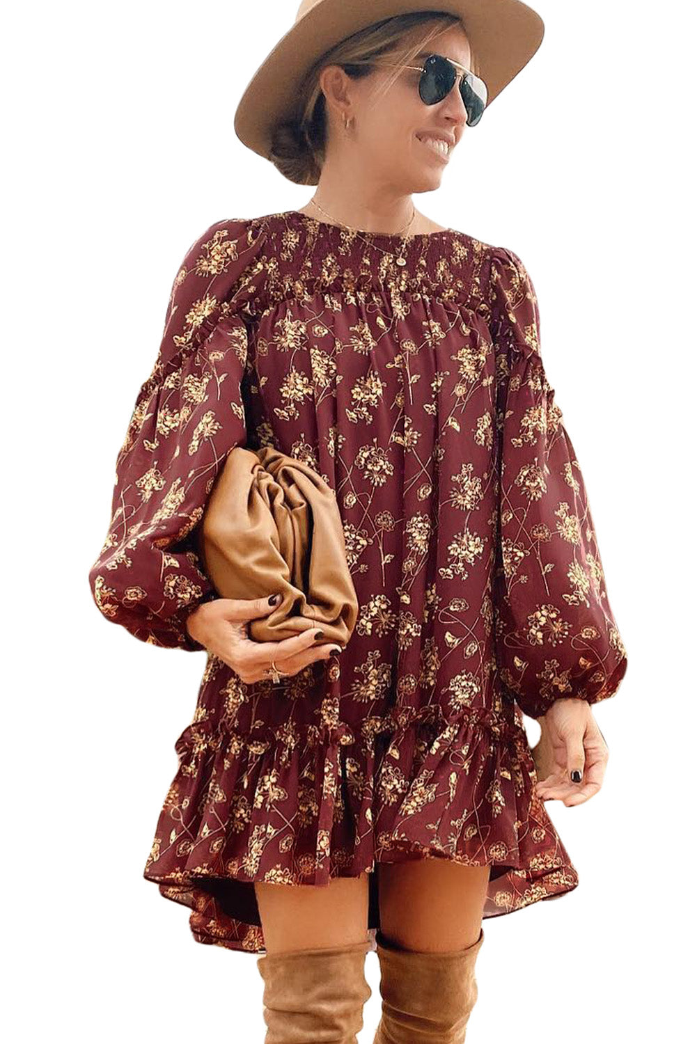 Red Ruffled Puff Sleeve High Low Floral Babydoll Dress