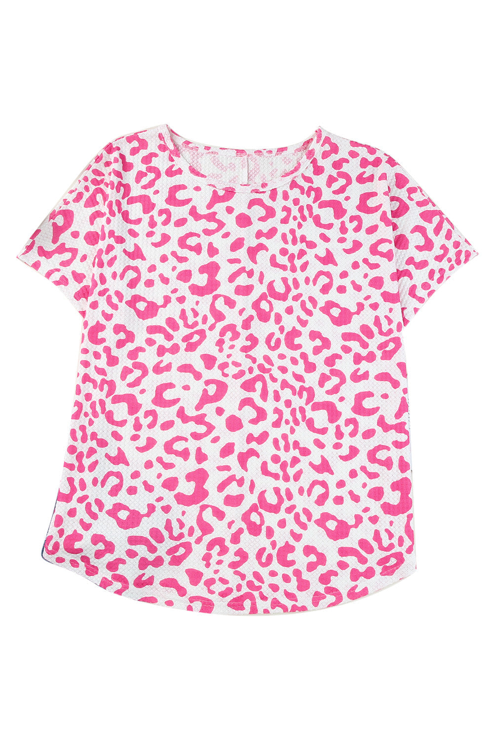 Rose Leopard Print Textured Knit Short Sleeve Plus Size T Shirt