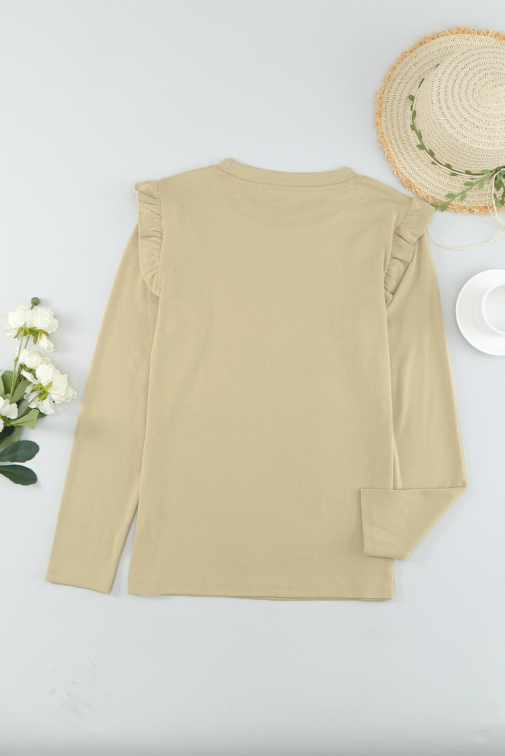 Khaki Ruffle Slim-fit Long Sleeve Top