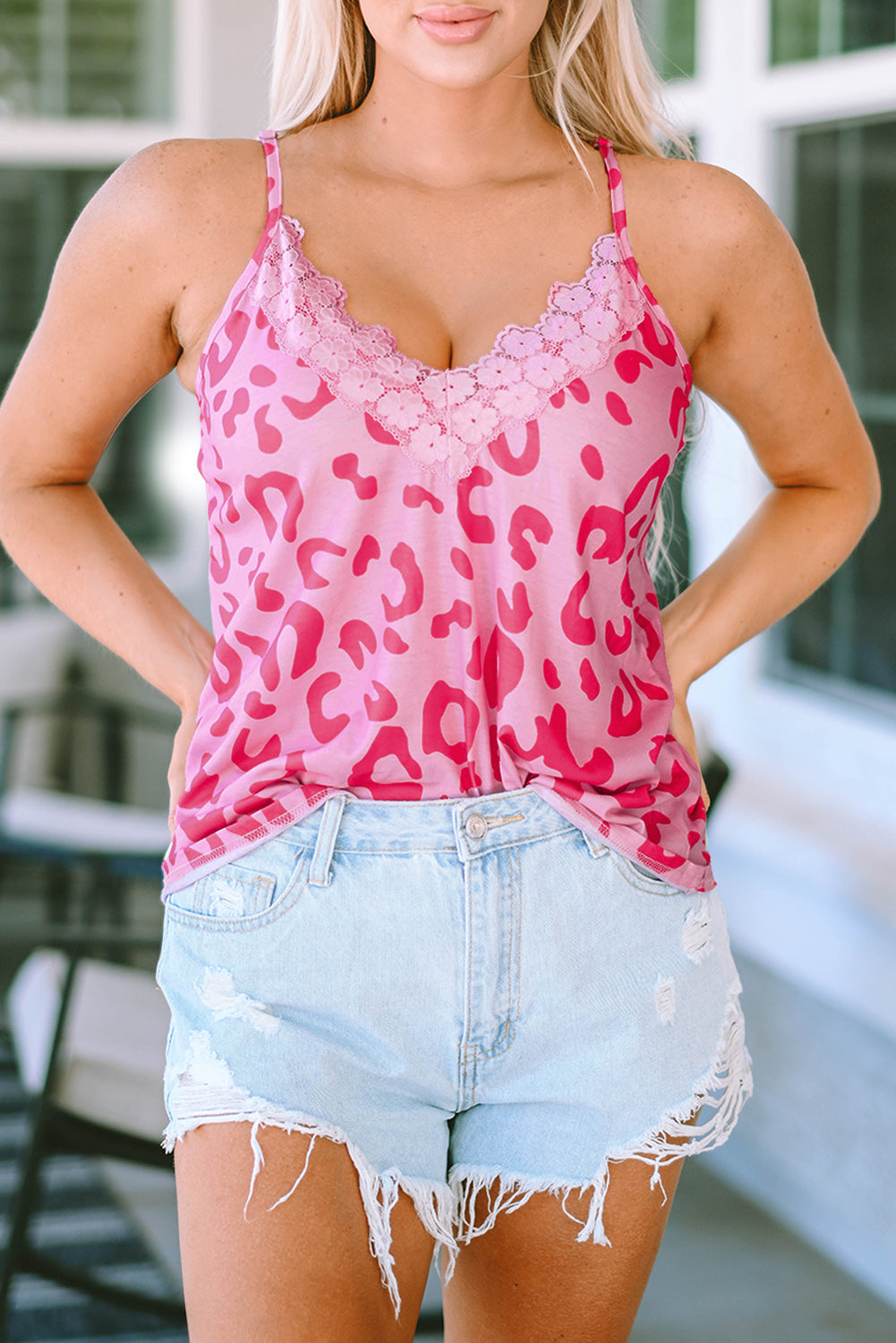 Pink Leopard Print Floral Lace Patch V Neck Tank Top