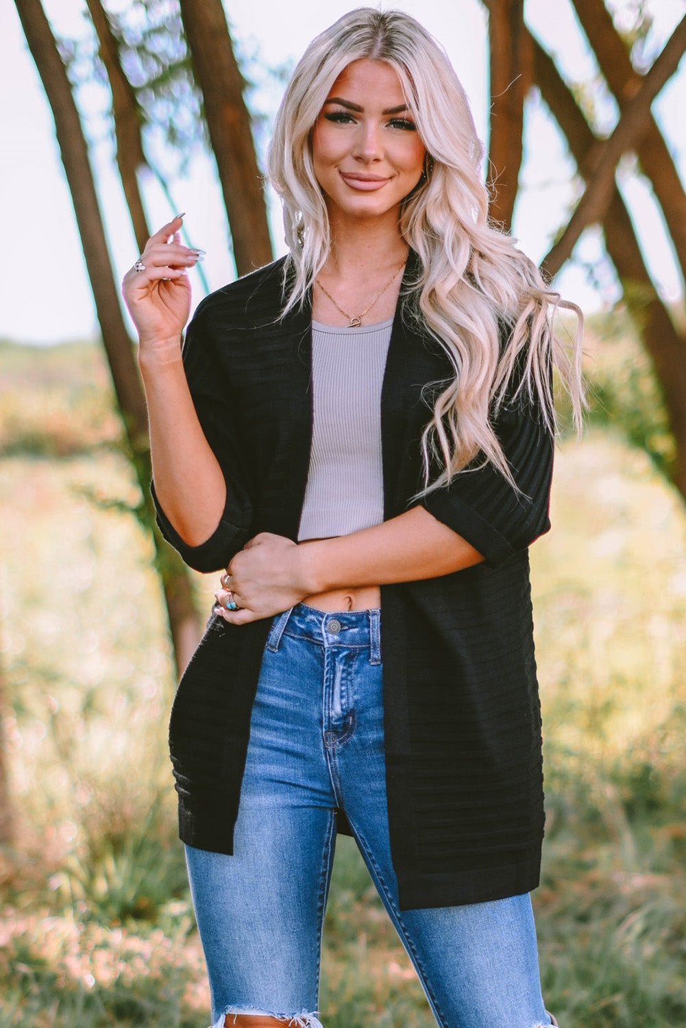 Red Ribbed Open Front Knit Cardigan