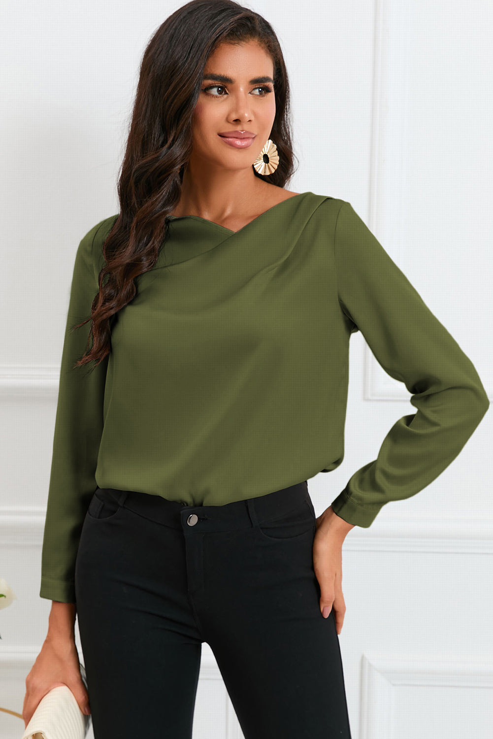 Apricot Solid Asymmetric V Neck Long Sleeve Satin Blouse