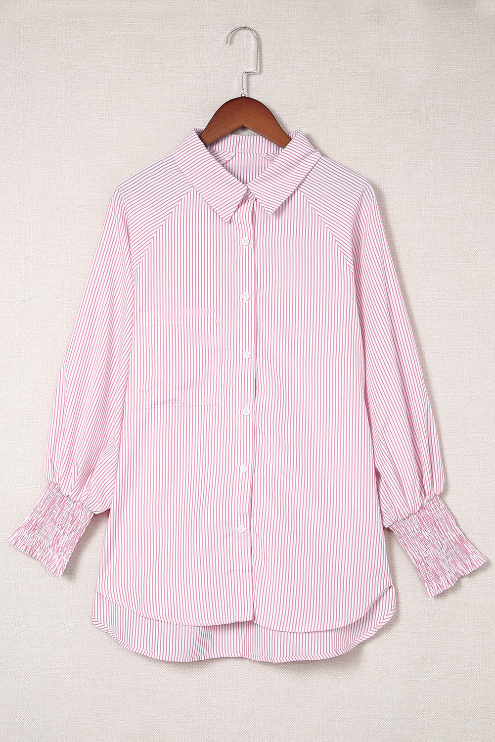 Smocked Cuffed Striped Boyfriend Shirt with Pocket