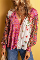 Multicolor Floral Patchwork Shirred Cuff Buttoned V Neck Blouse