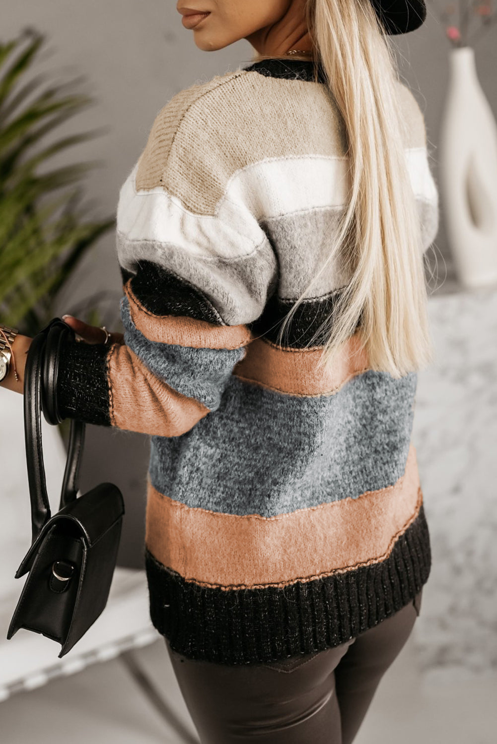 Gray Striped Color Block Casual Sweater