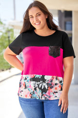 Black Floral Color Block Sequin Pocket Plus Size Tee