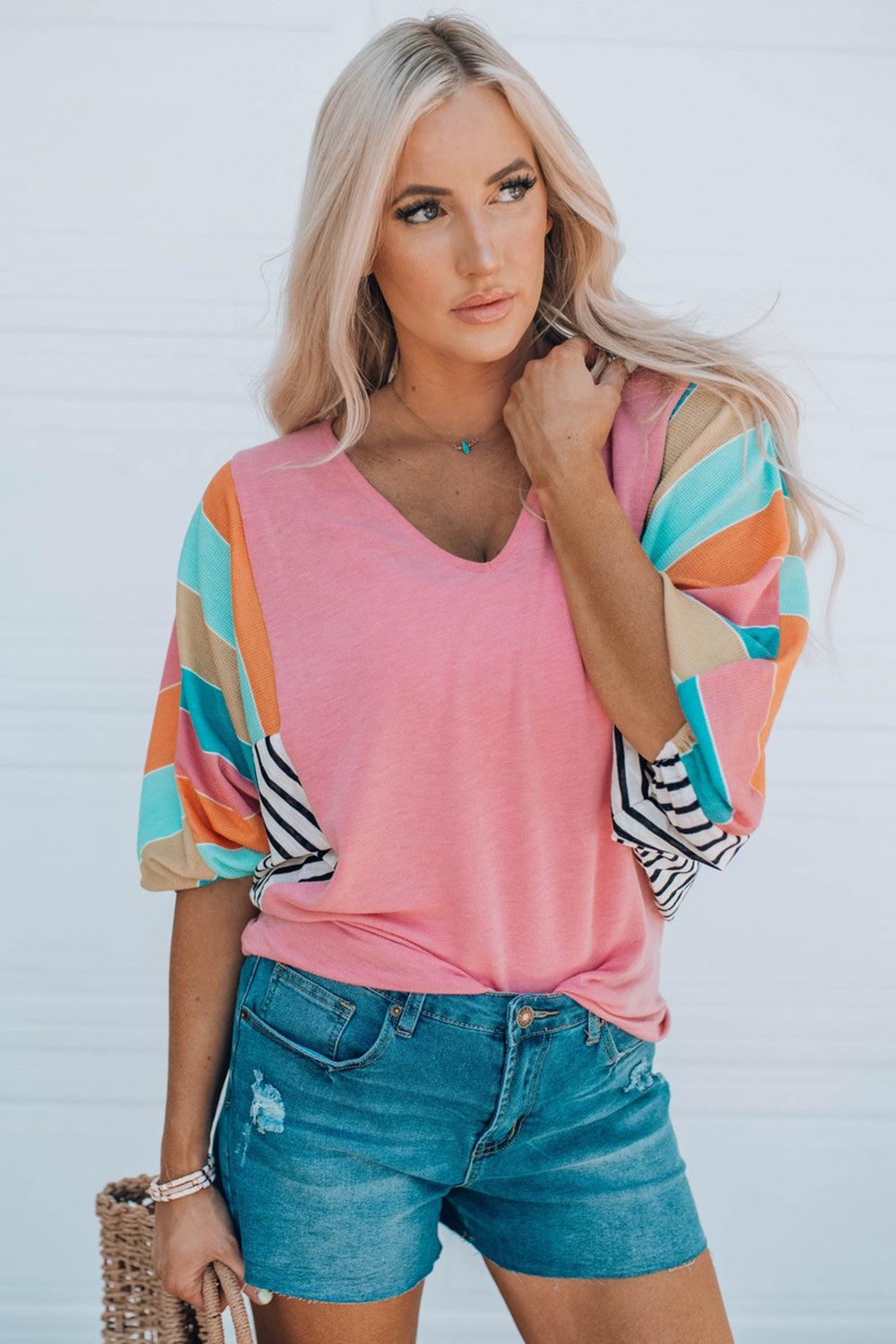 Rose Stripe Color Block Bubble Sleeve Top