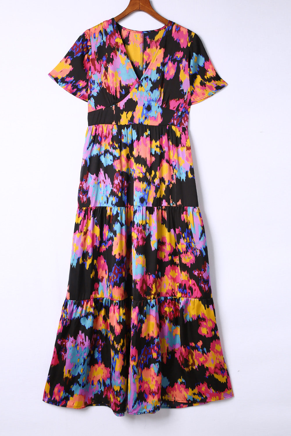 Black Smocked Tie-dye Print Midi Dress