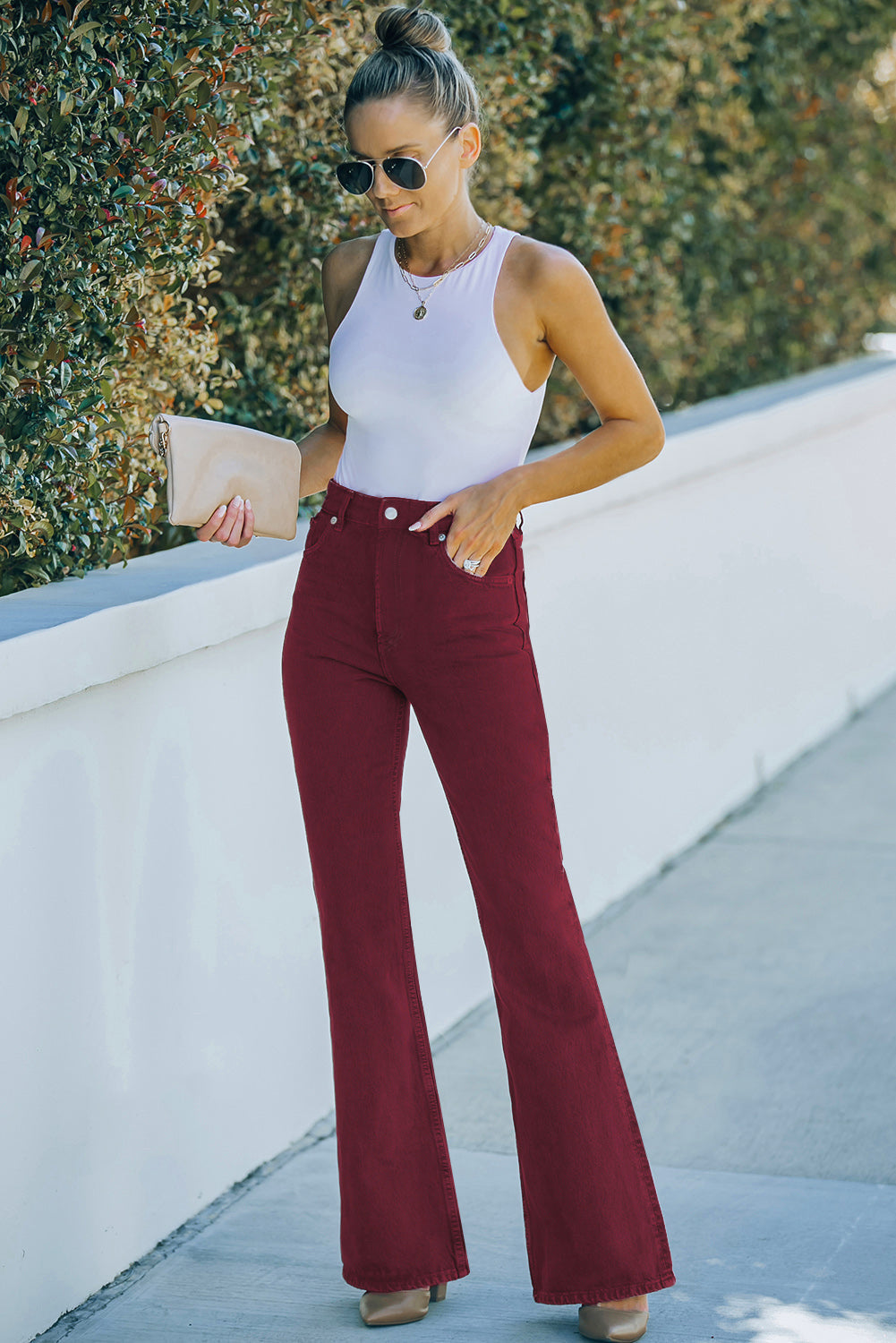 Burgundy High Waist Flare Jeans with Pockets