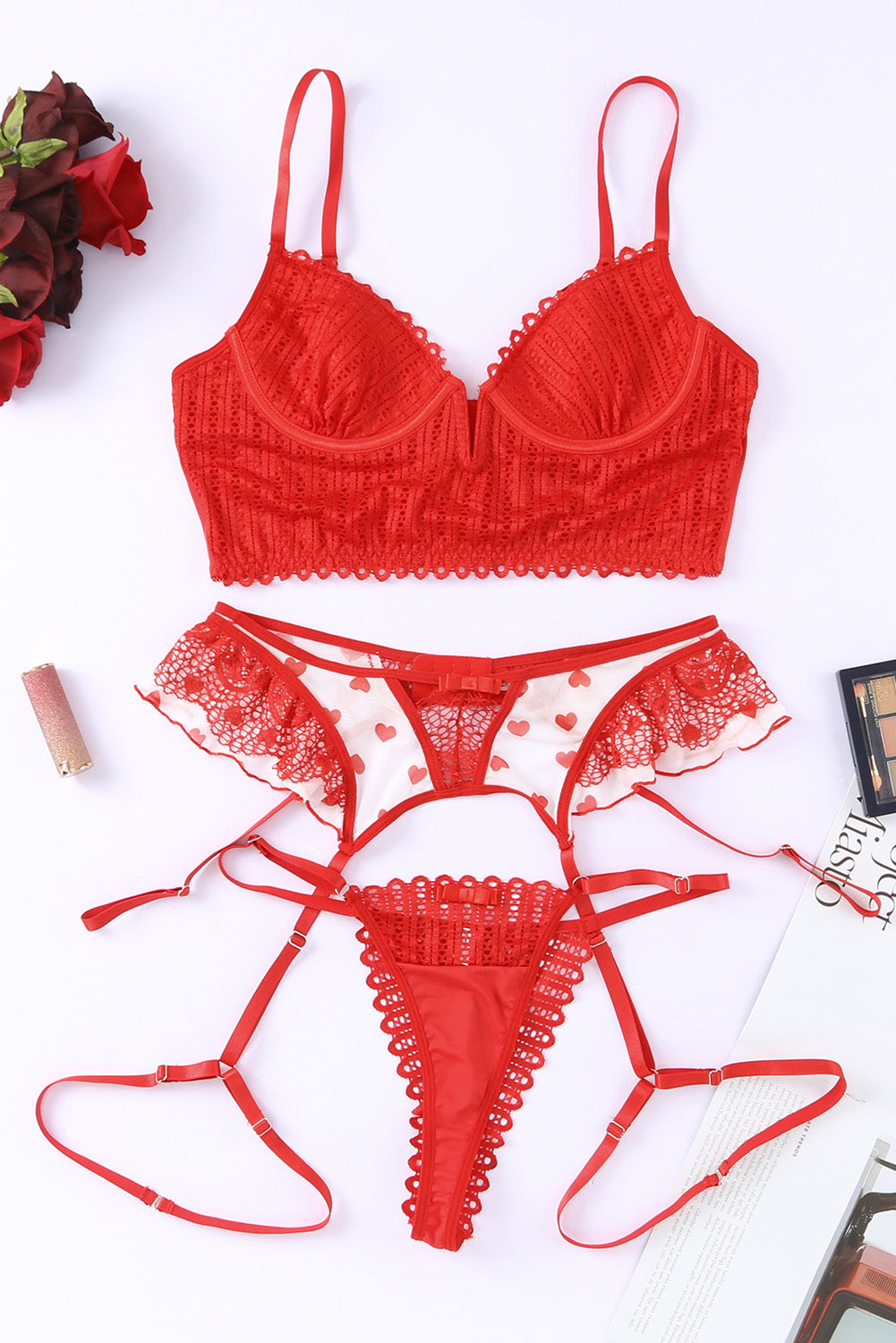 Red 3pcs Heart Print Mesh Splice Sexy Lingerie Set