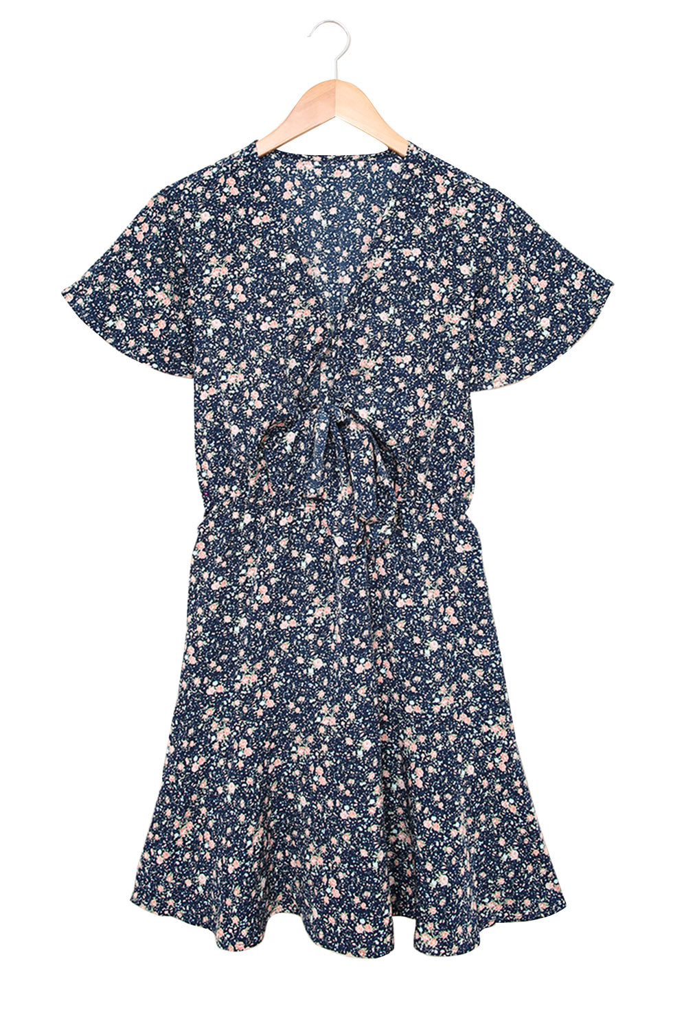 Blue Floral Print Tie Knot Ruffled Short Sleeve Mini Dress