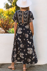 Blue V Neck Empire Waist Flower Long Dress with Double Slits