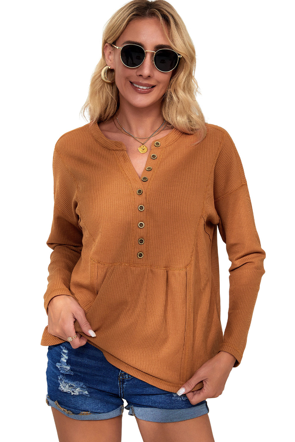 Brown Waffle Knit Half Button Henley Top