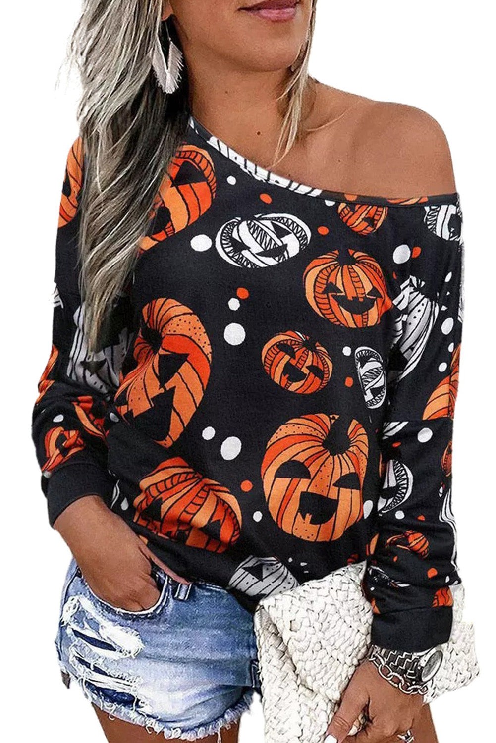 Black Halloween Pumpkin Face Crew Neck Top