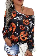 Black Halloween Pumpkin Face Crew Neck Top