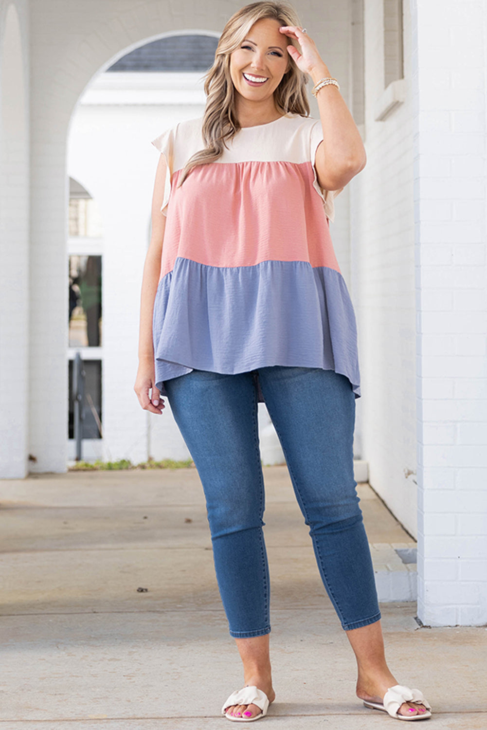 Pink Plus Size Colorblock Ruffle Flowy Top