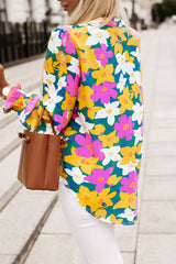 Multicolor Magenta Gold Floral V Neck Lantern Sleeve Blouse