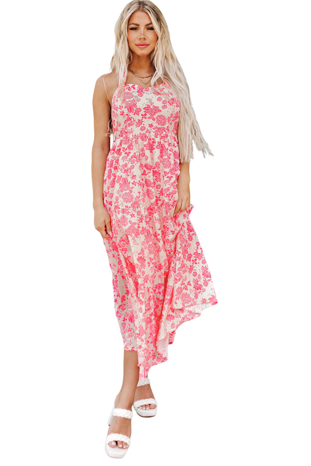 Pink Gingham Floral Tie Shoulder Maxi Dress