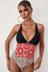 Leopard Floral Criss Cross Amicgp V Neck One-piece Swimwear