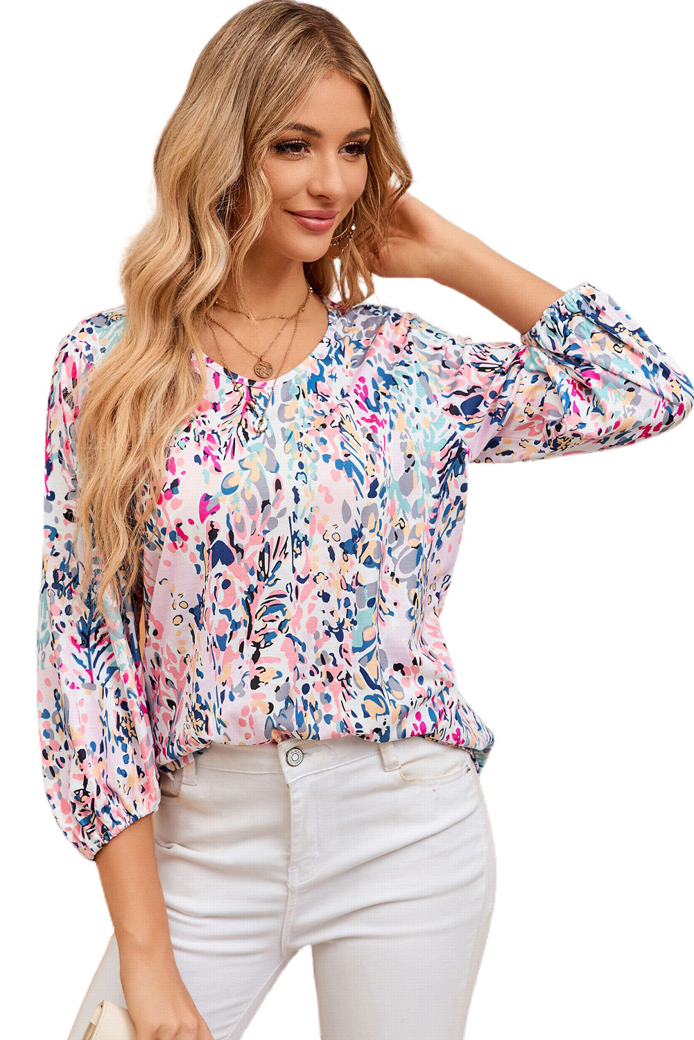 Pink Floral Print Ruffle Sleeve Babydoll Top