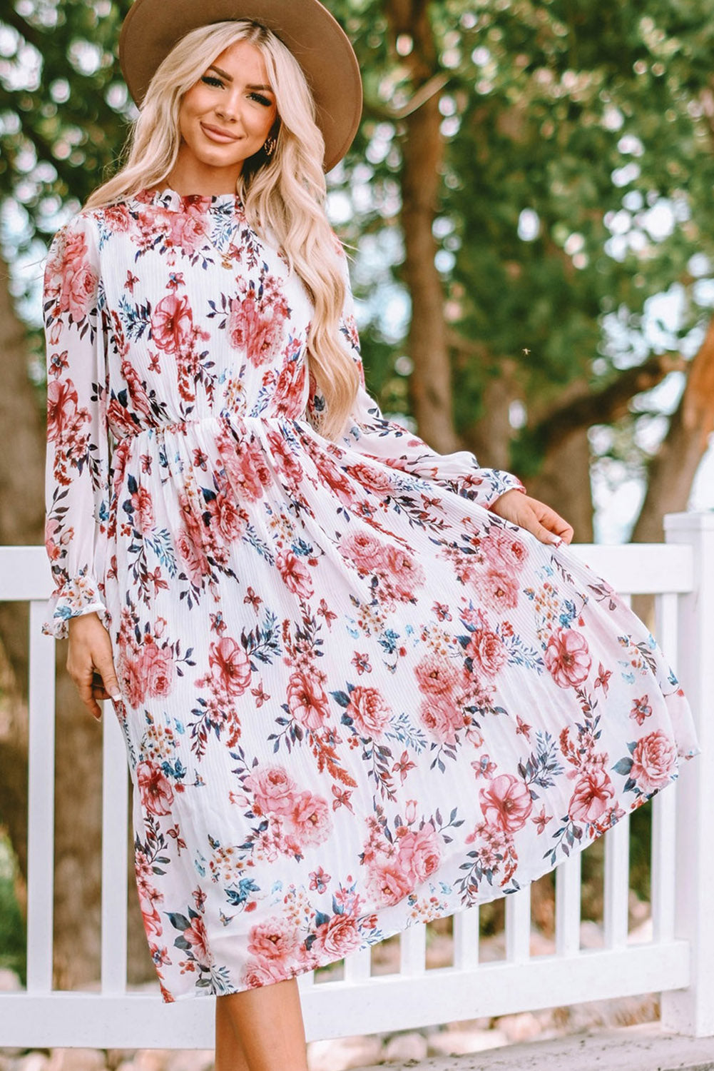 Beige Floral Print Puffy Sleeve Ruffled Midi Dress