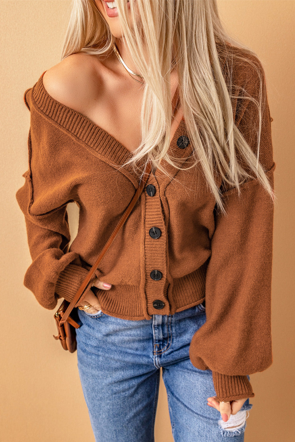 Reverse Seam Trim Puff Sleeve Plunging Cardigan