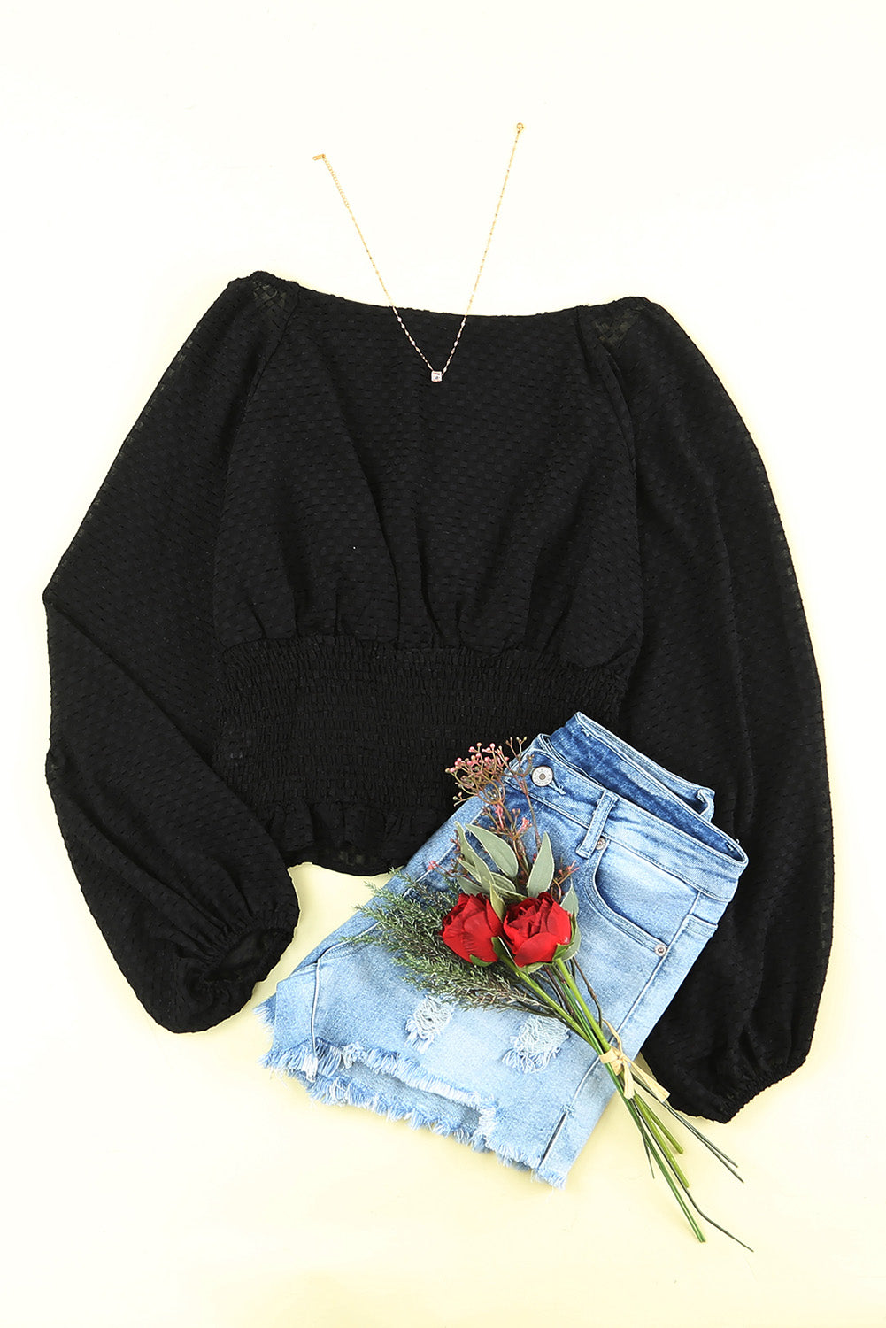 Black Long Sleeve Smocked Top