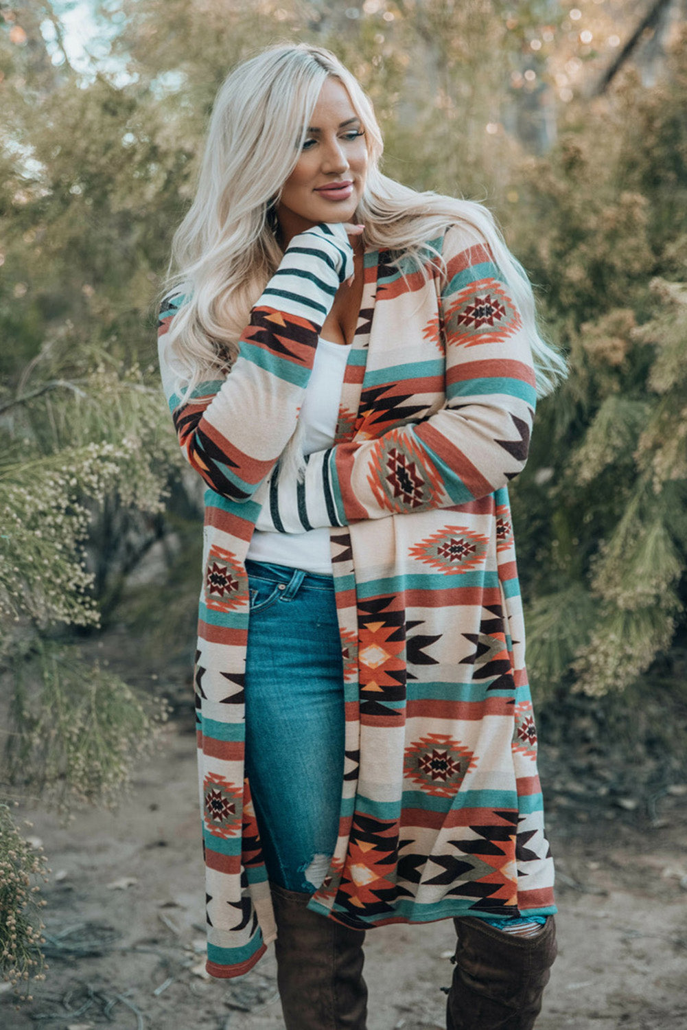 Multicolor Geometric Color Block Open Front Long Cardigan