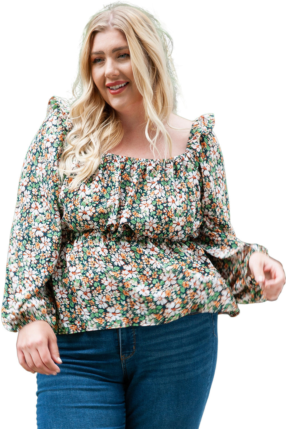 Green Square Neck Floral Plus Size Peplum Top