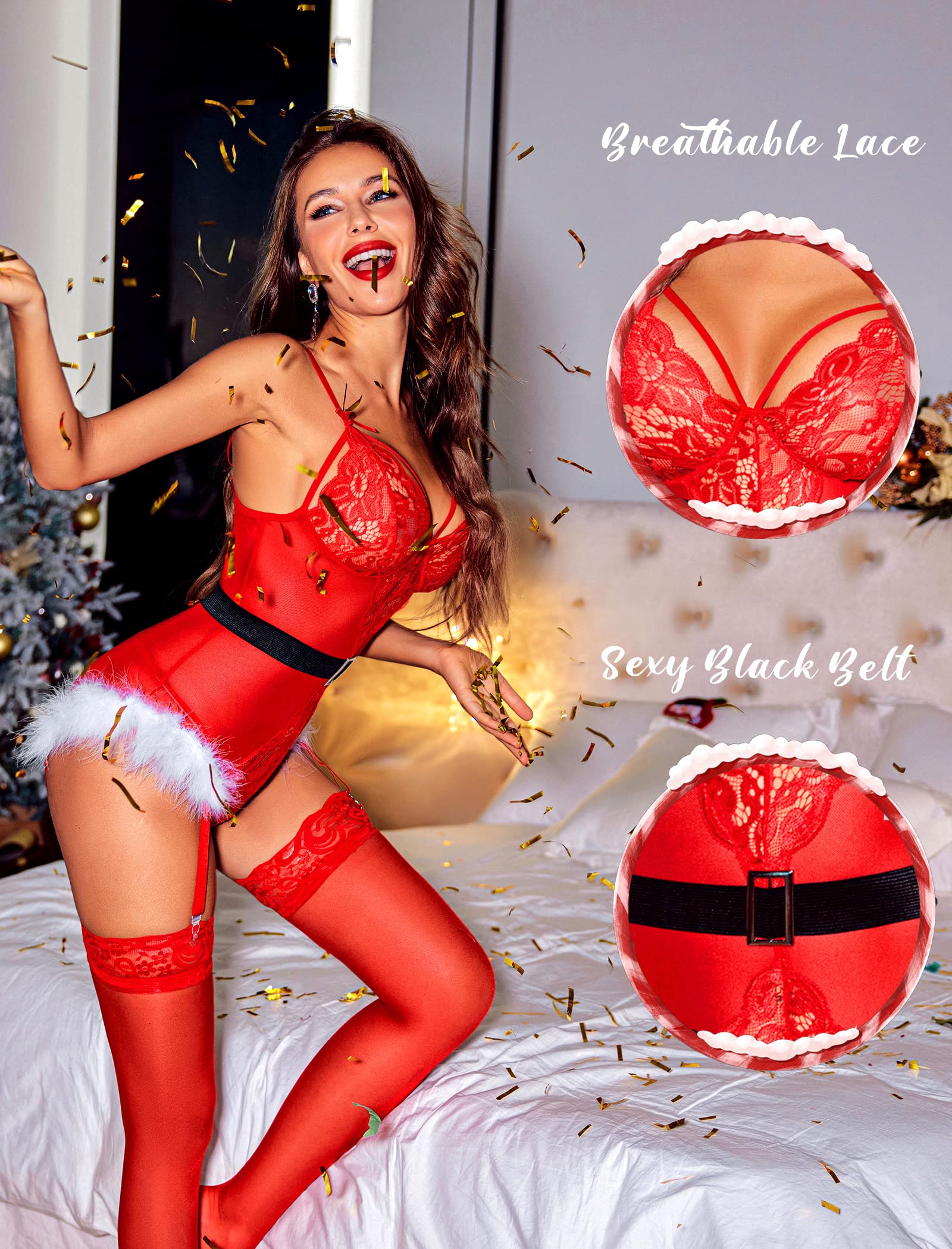 Avidlove Christmas Lingerie Lace Bodysuit Deep V Teddy Babydoll with Garter Belt